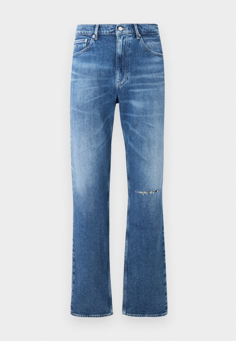 Blaue Denim-Jeans im Bootcut-Schnitt mit einem verblassten Finish und aufgerautem Kniedetail. Mit Knopf- und Reißverschluss und klassischem Fünf-Taschen-Design.