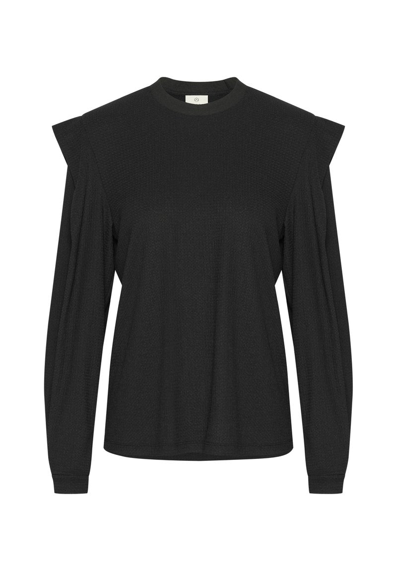 Schwarzes Langarmoberteil aus strukturiertem Stoff, mit rundem Ausschnitt und gefältelten Schultereinsätzen. Einfaches Design mit lässiger Passform.