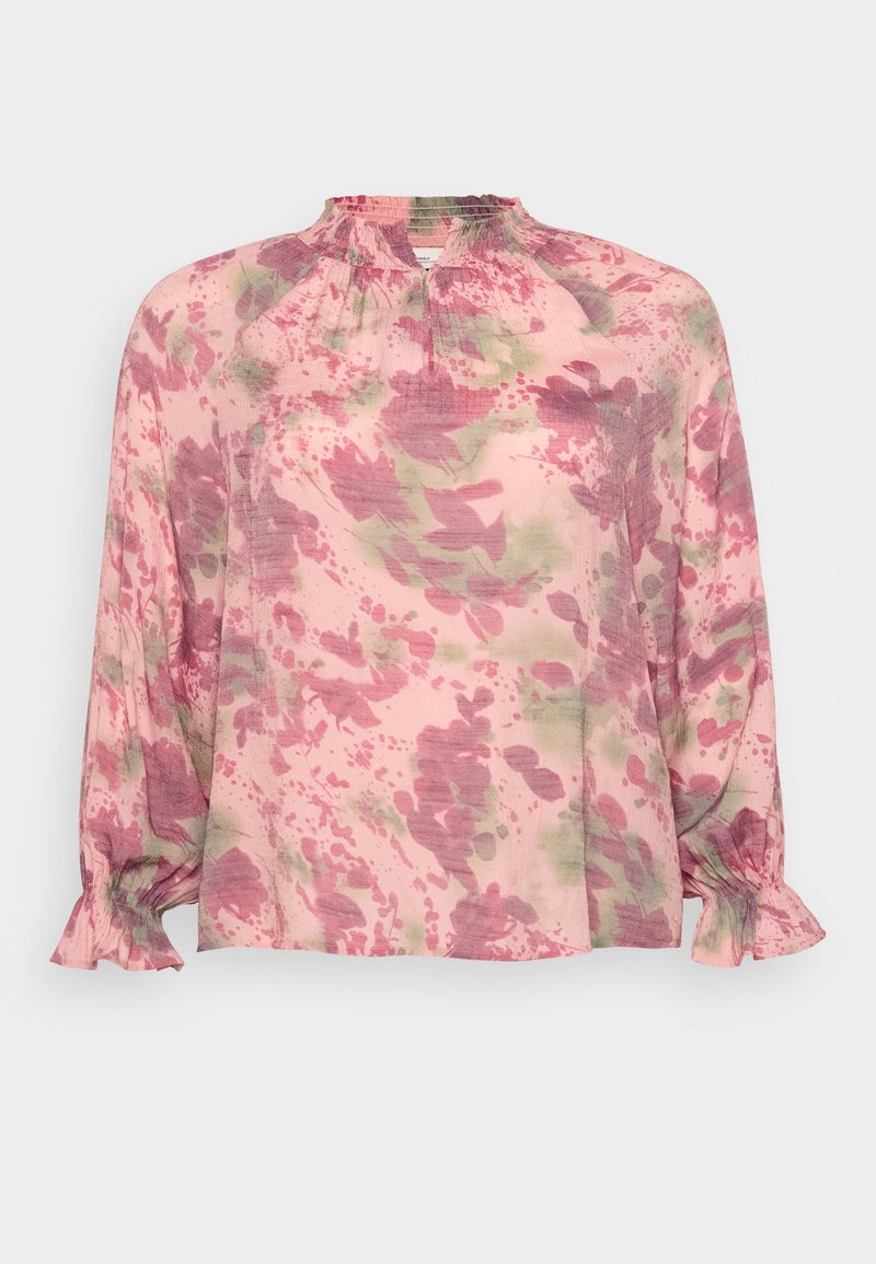 Rosa Bluse mit floralem Muster in Grüntönen und Lila. Sie hat einen gerafften Ausschnitt und rüschierte Manschetten. Leichter Stoff.