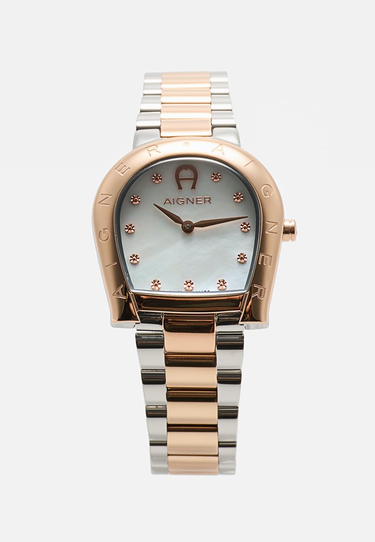 Zweifarbige Aigner-Armbanduhr aus Silber und Roségold mit einem face in Hufeisenform, roségoldenen Markierungen und einem Perlmuttzifferblatt.