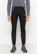 Schwarze Sporthose mit taillierter Passform, ausgestattet mit weißen Seitestreifen, aus dehnbarem Material, mit glattem Textur und schmal zulaufenden Beinen.