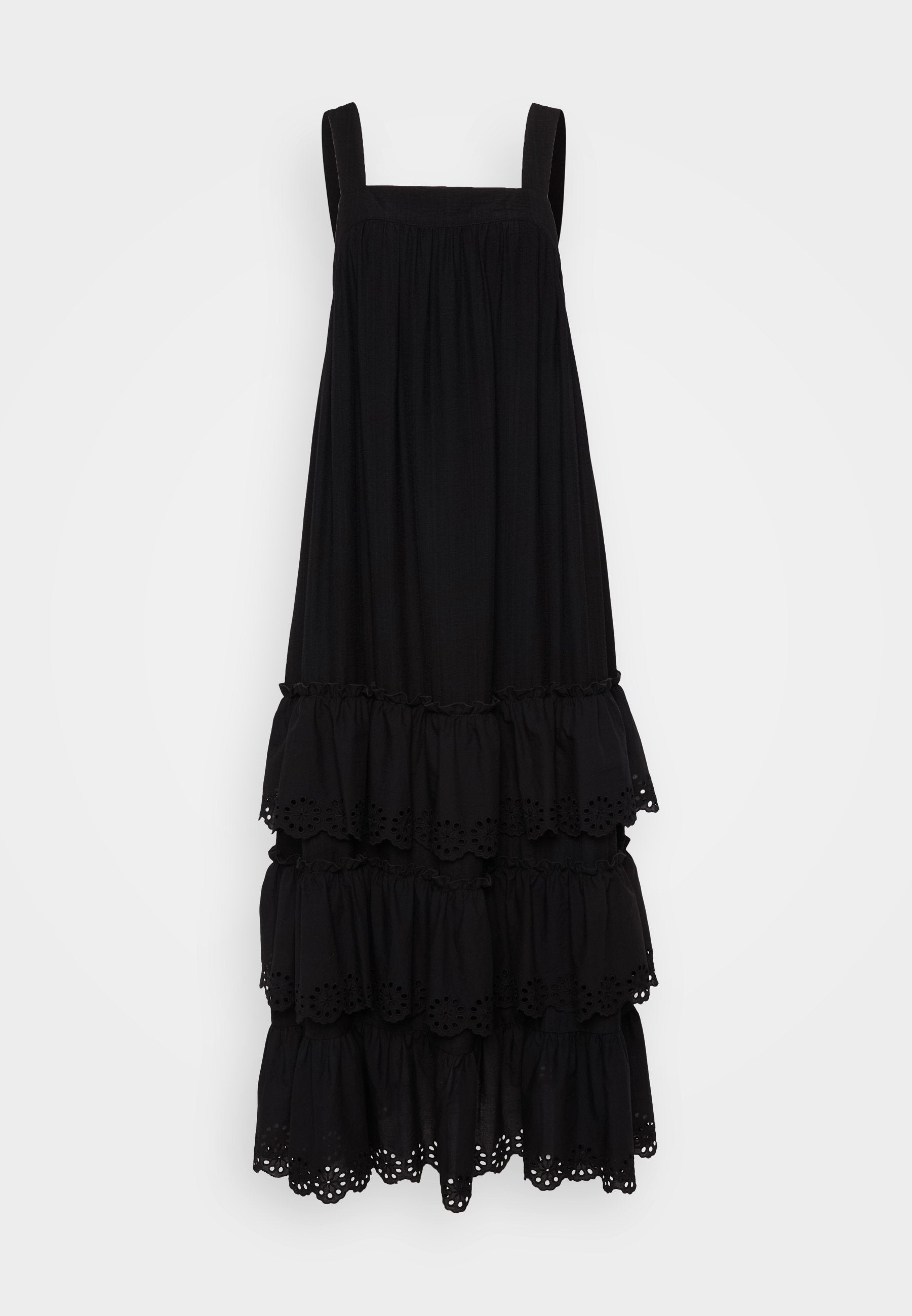 Schwarzes, ärmelloses Kleid mit rechteckigem Ausschnitt, gestuften Rüschen und Lochstickerei am Saum. Weicher Stoff.