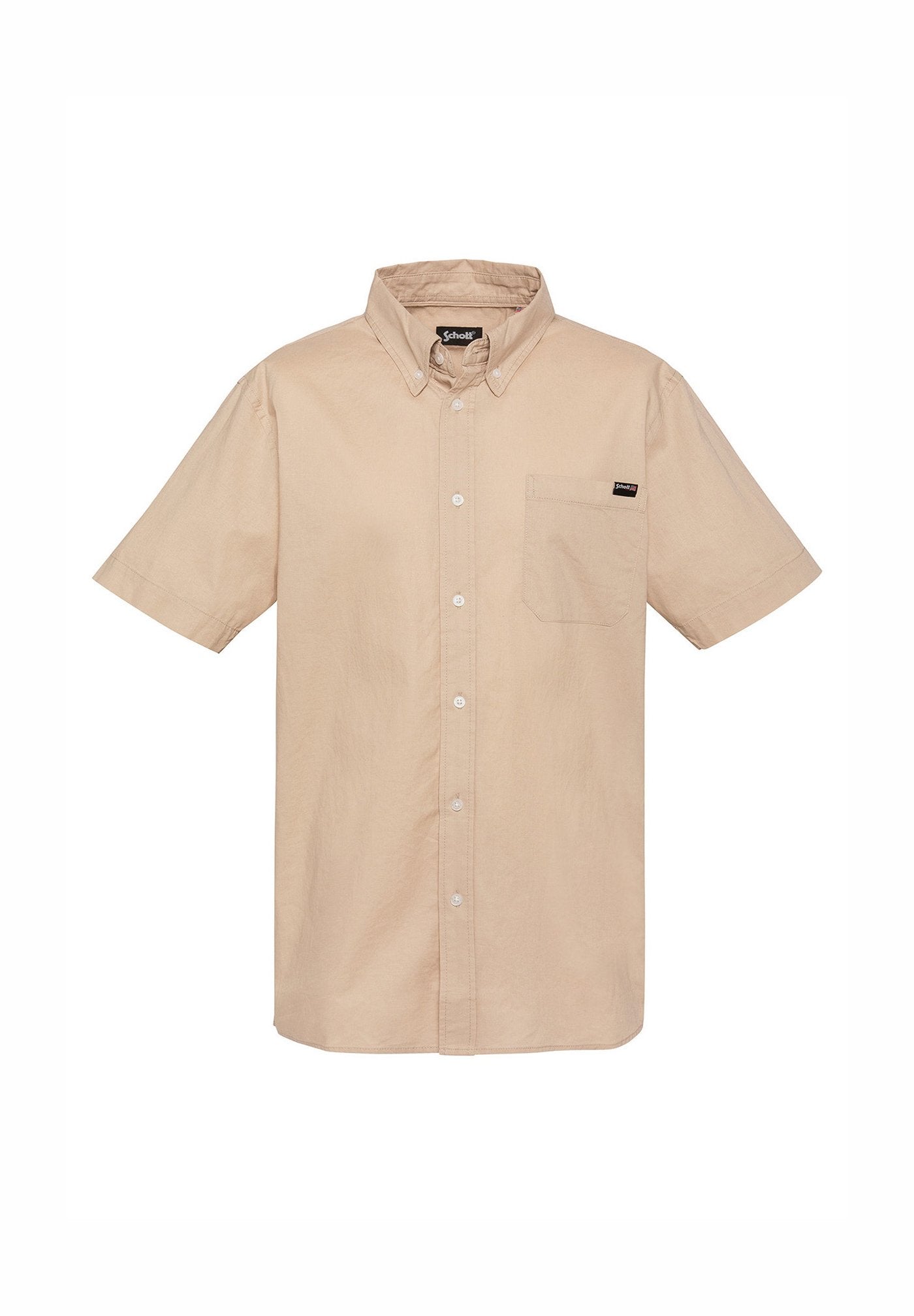 Beiges Kurzarm-Hemd mit Knopfleiste, einem Button-Down-Kragen und einer Brusttasche mit kleinem Markenlabel.