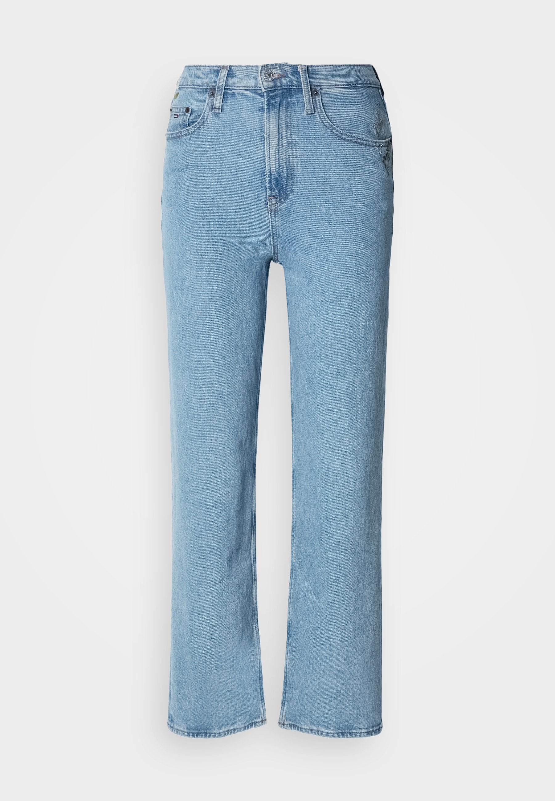 Helle blaue gerade geschnittene Jeans aus Denim, mit einem klassischen Fünf-Taschen-Design, frontalen Knopfverschluss und dezenten Nähdetails.