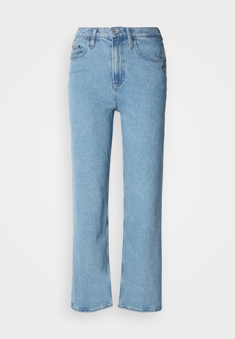 Helle blaue gerade geschnittene Jeans aus Denim, mit einem klassischen Fünf-Taschen-Design, frontalen Knopfverschluss und dezenten Nähdetails.