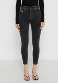 Schwarze, hochgeschnittene Skinny Jeans aus strukturierter Denim-Qualität, mit fünf Taschen und kontrastierender gelber Naht. Enthält einen Knopfverschluss.