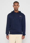 Marineblauer Kapuzenpullover aus Baumwollmischgewebe. Verfügt über eine Fronttasche, eine Kordelzugkapuze und ein Logo-Detail auf der Brust. Einfaches Design.