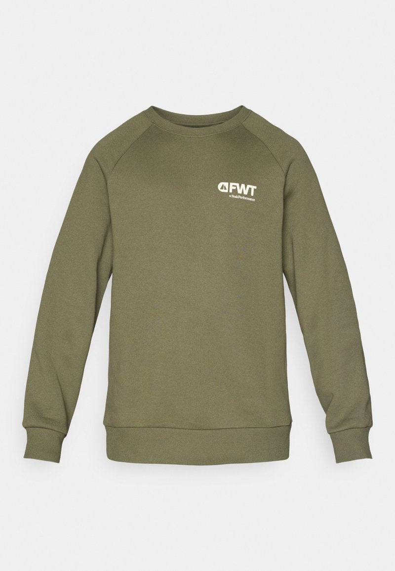 Oliven grüner Sweatshirt aus weichem Stoff, mit rundem Halsausschnitt und gerippten Bündchen. Auf der Vorderseite befindet sich ein weißes FWT-Logo.