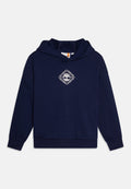 Marineblaues Hoodie mit einem rautenförmigen, weißen Logo auf der Brust, aus weichem Stoff gefertigt, mit einer geräumigen Kapuze und gerippten Bündchen.