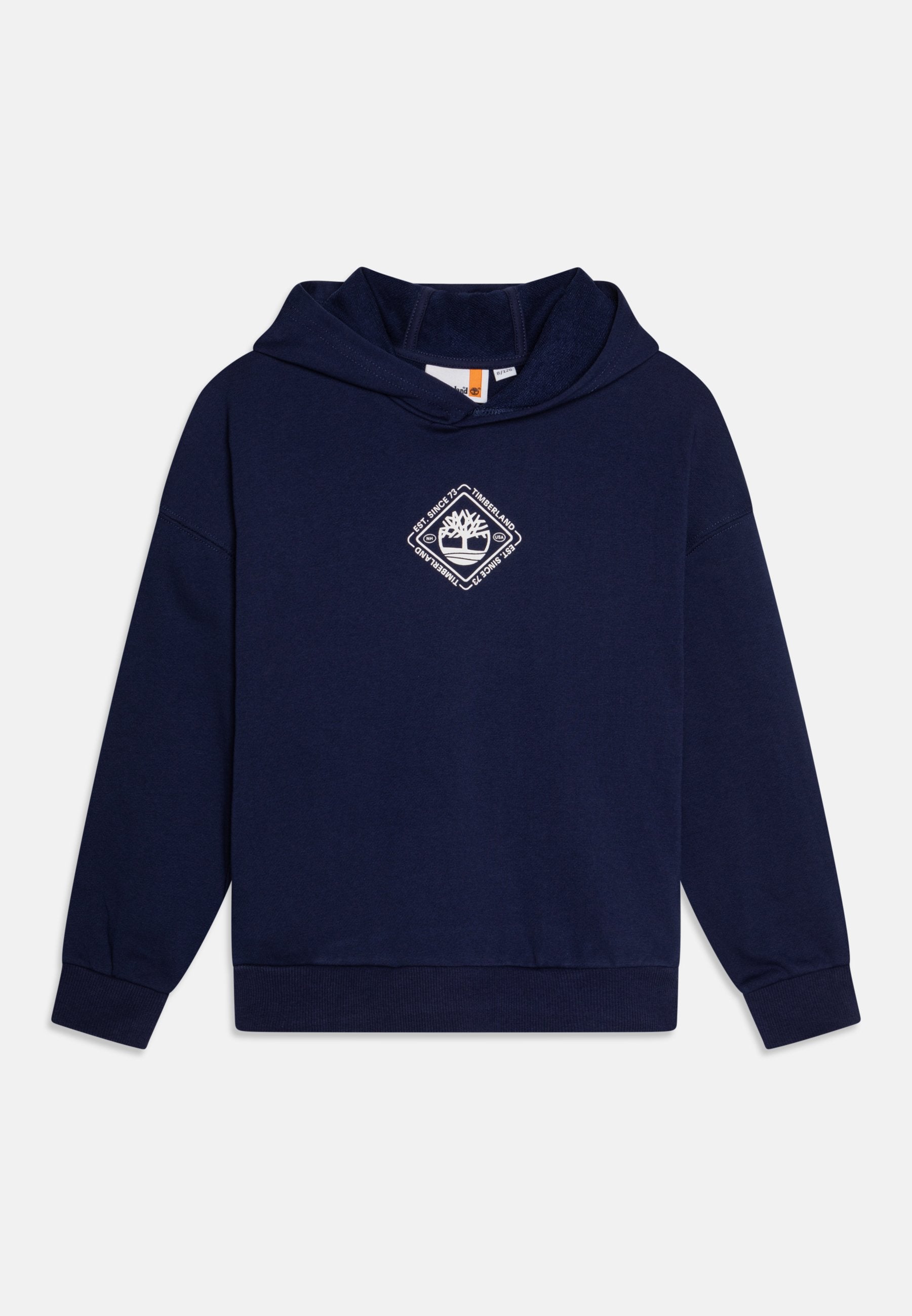 Marineblaues Hoodie mit einem rautenförmigen, weißen Logo auf der Brust, aus weichem Stoff gefertigt, mit einer geräumigen Kapuze und gerippten Bündchen.