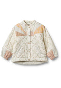 Quilted Jacke in Creme mit Blumenmuster. Verfügt über ein Patchwork-Design in Pastellfarben, gerippte Akzente an den Ärmeln und einen Druckknopfverschluss.