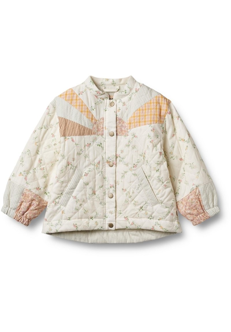 Quilted Jacke in Creme mit Blumenmuster. Verfügt über ein Patchwork-Design in Pastellfarben, gerippte Akzente an den Ärmeln und einen Druckknopfverschluss.