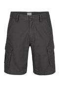 Graue Cargo-Shorts mit einem Knopf- und Reißverschluss, zwei Seitentaschen und zwei Cargo-Taschen. Aus leichtem Stoff gefertigt.