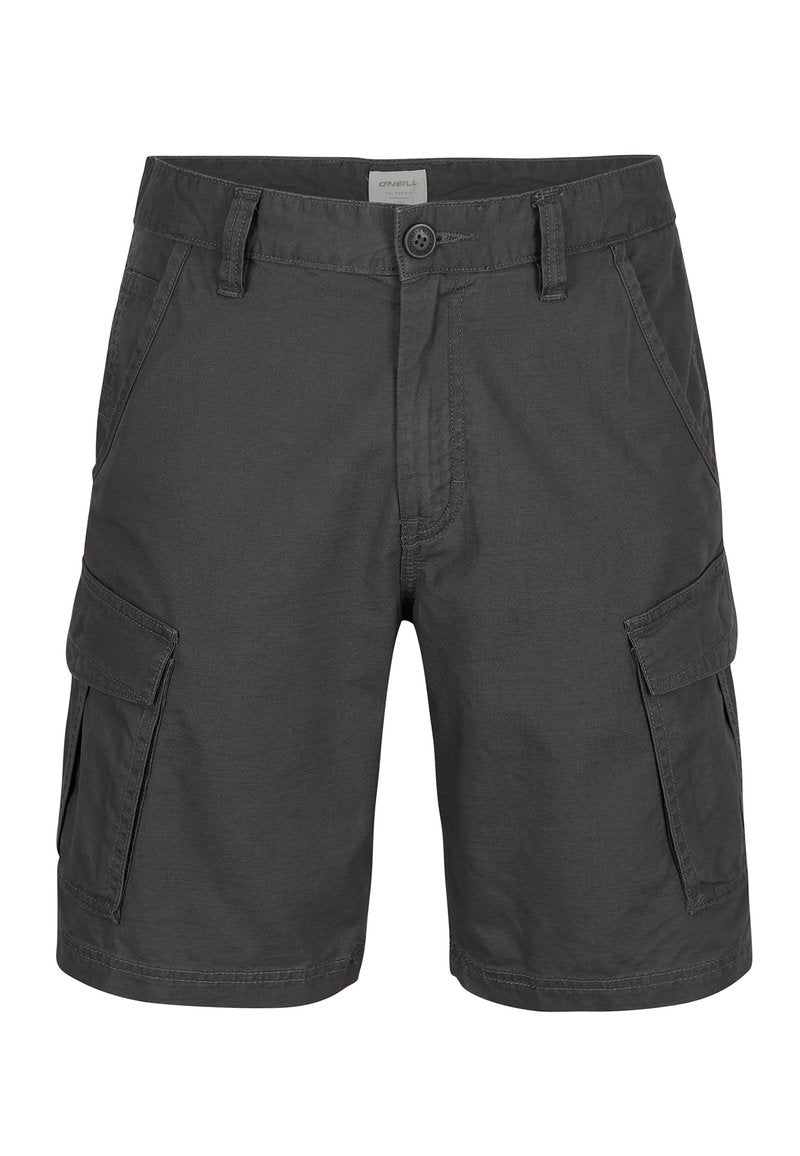 Graue Cargo-Shorts mit einem Knopf- und Reißverschluss, zwei Seitentaschen und zwei Cargo-Taschen. Aus leichtem Stoff gefertigt.