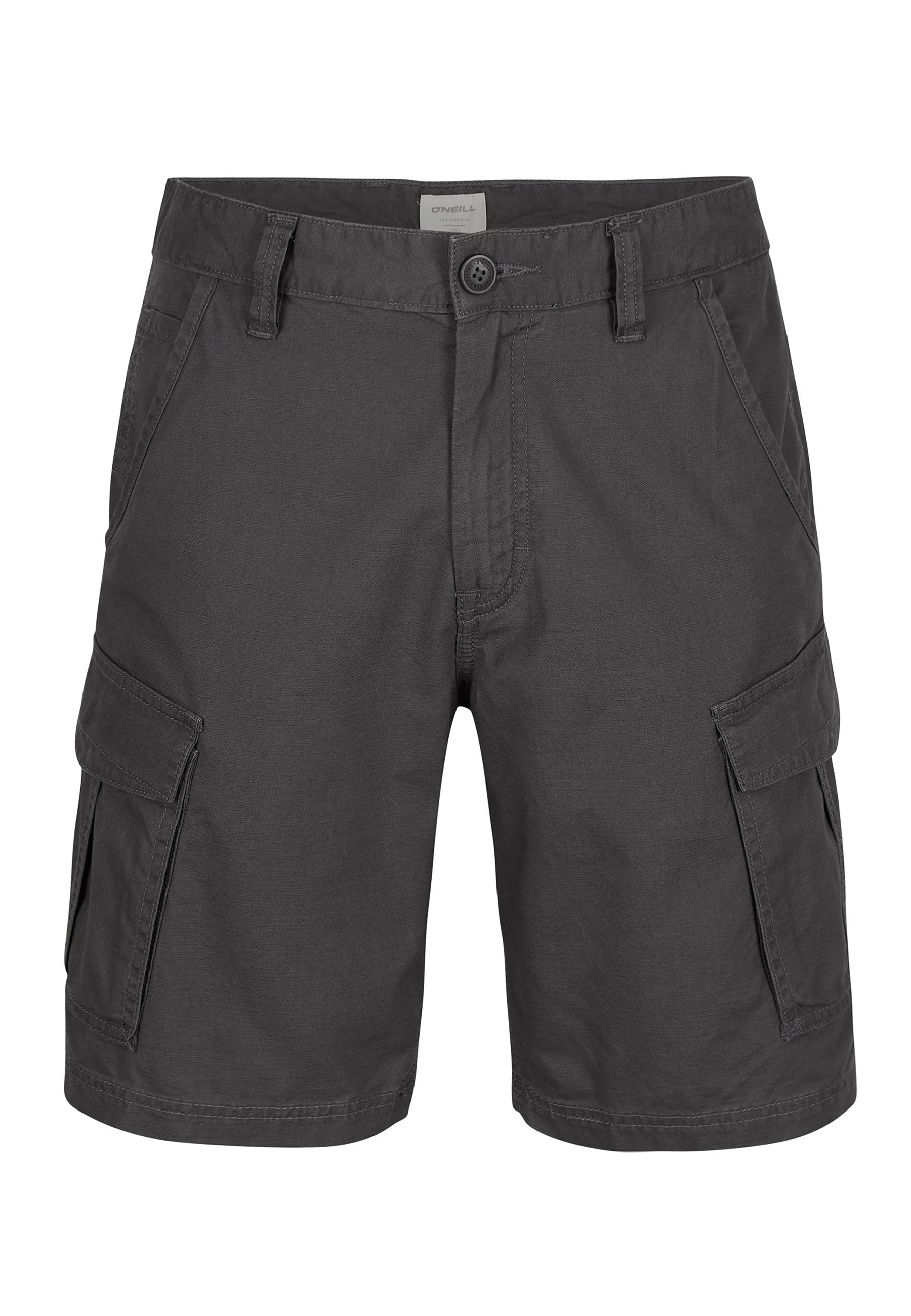 Graue Cargo-Shorts mit einem Knopf- und Reißverschluss, zwei Seitentaschen und zwei Cargo-Taschen. Aus leichtem Stoff gefertigt.