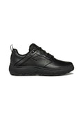 Schwarze Sportschuhe aus Leder mit strukturierter Oberfläche, Schnürdesign und einer dicken Gummisohle mit rutschfester Profilierung.