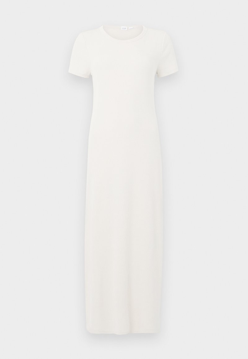 Weißes, kurzärmeliges, geripptes Maxikleid mit rundem Ausschnitt, einfacher Silhouette und ohne sichtbare Muster oder Verzierungen.
