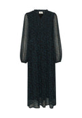 Schwarzes Langarmkleid mit floralem Muster, aus durchscheinendem Stoff, mit einem gerafften Oberteil und einem V-Ausschnitt. Leicht und fließendes Design.