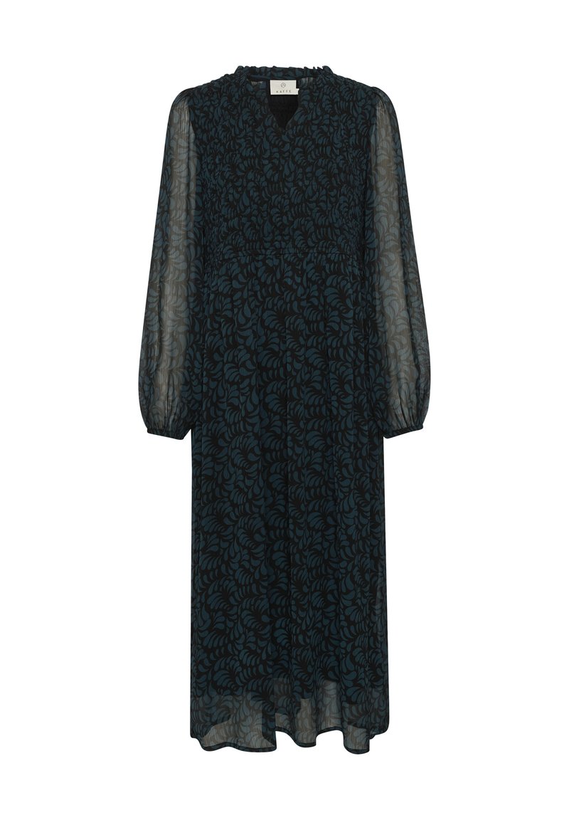 Schwarzes Langarmkleid mit floralem Muster, aus durchscheinendem Stoff, mit einem gerafften Oberteil und einem V-Ausschnitt. Leicht und fließendes Design.