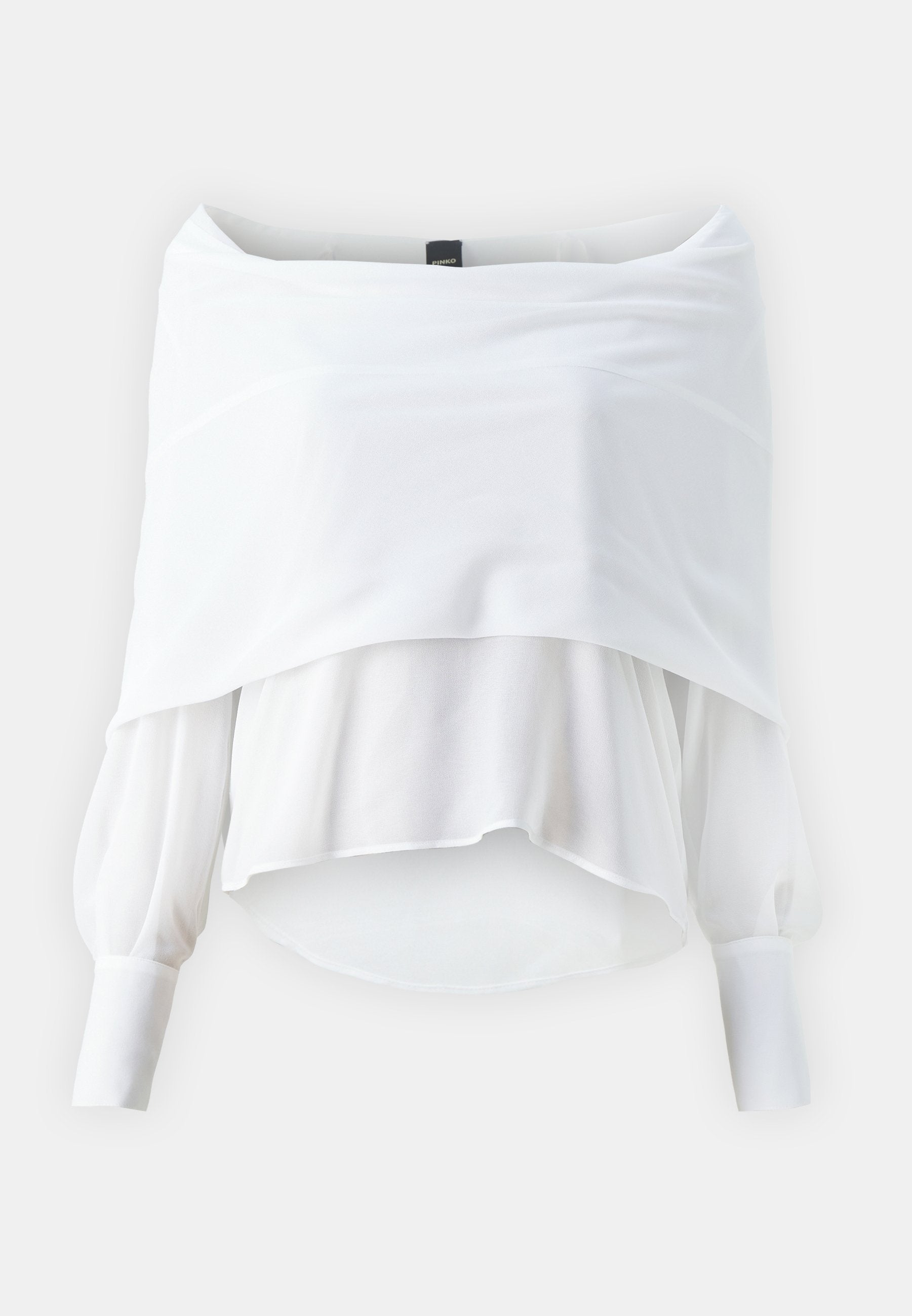 Weißes Off-Shoulder-Bluse mit geschichtetem Design, langen Puffärmeln und einer fließenden Silhouette. Hergestellt aus leichtem, durchsichtigem Stoff.