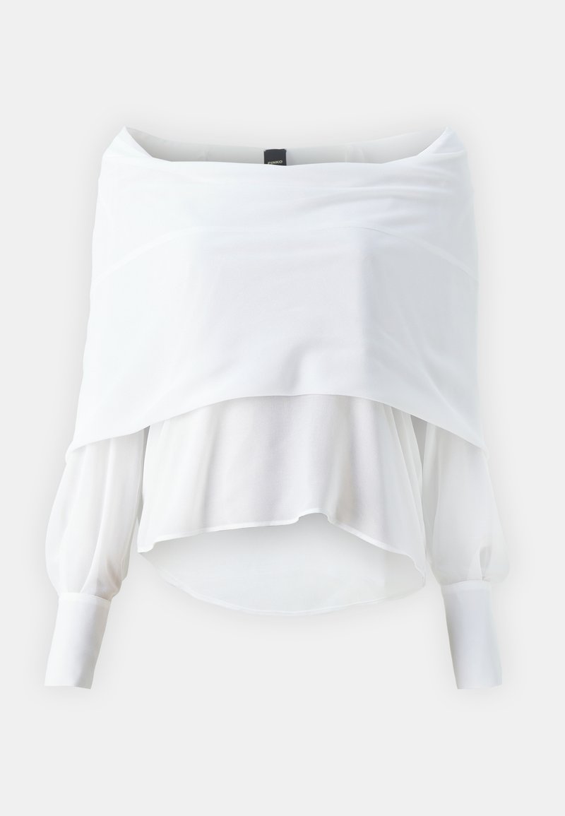 Weißes Off-Shoulder-Bluse mit geschichtetem Design, langen Puffärmeln und einer fließenden Silhouette. Hergestellt aus leichtem, durchsichtigem Stoff.