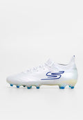 Weißer Football-Schuh mit strukturiertem Obermaterial, blauer Logo und Farbverlauf-Sohle. Verfügt über ein passgenaues Design mit einer schlanken Silhouette und auffälligen Stollen.