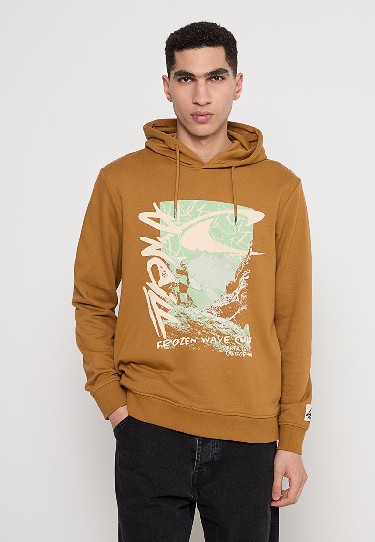 Brauner Hoodie aus weichem Material, mit einem grafischen Design in Grün und Weiß auf der Vorderseite, mit Kordeln und gerippten Bündchen.