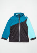 Fleecejacke mit hohem Kragen, ausgestattet mit türkisfarbenen, hellblauen und schwarzen Paneelen, Reißverschluss und Seitentaschen. CMP-Logo auf der Schulter.