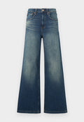 Hoch taillierte blaue Jeans aus Denim mit weitem Bein und Verblassungen an den Oberschenkeln, ausgestattet mit Vordertaschen und Kupferknopfverschluss.