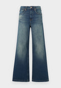 Hoch taillierte blaue Jeans aus Denim mit weitem Bein und Verblassungen an den Oberschenkeln, ausgestattet mit Vordertaschen und Kupferknopfverschluss.
