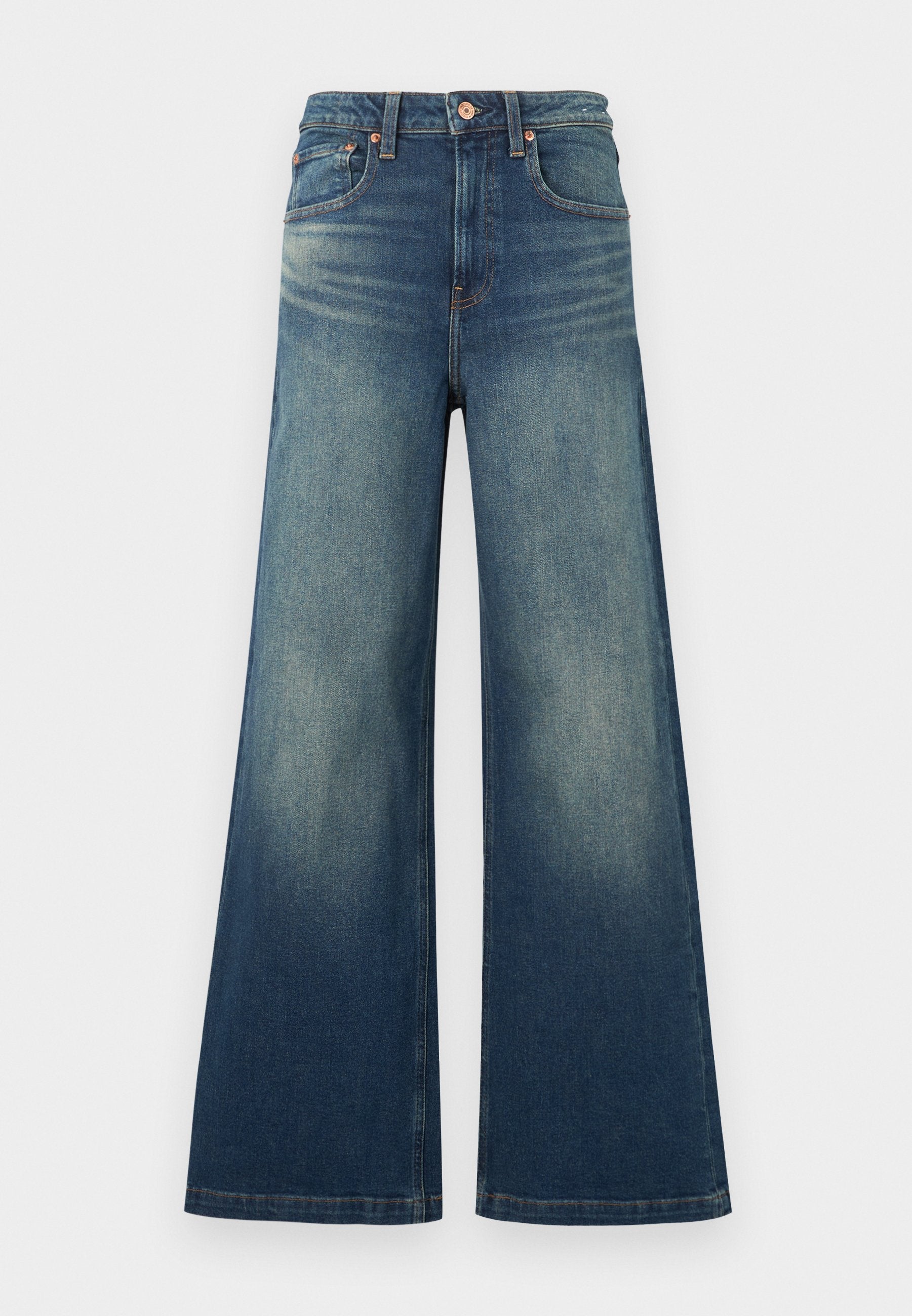 Hoch taillierte blaue Jeans aus Denim mit weitem Bein und Verblassungen an den Oberschenkeln, ausgestattet mit Vordertaschen und Kupferknopfverschluss.