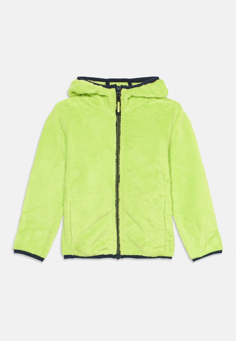 Flauschiger limettengrüner Hoodie mit Reißverschluss und Kapuze; verfügt über dunkelblaue Abschlüsse an Bündchen und Halsausschnitt; weiche Textur.