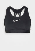 Schwarzer Sport-BH mit Racerback-Design, aus glattem Stoff gefertigt. Verfügt über ein weißes Nike-Logo in der Mitte und einen unterstützenden Bund.