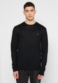 Schwarzer langärmeliger Pullover aus leichtem Strickmaterial. Mit Rundhalsausschnitt und einem kleinen, dezenten Logo auf der linken Brust.