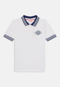 Weißes Poloshirt mit navy gestreiftem Kragen und Ärmelbündchen. Auf der Brust befindet sich ein Diamanten-Logo. Hergestellt aus Baumwollgewebe.