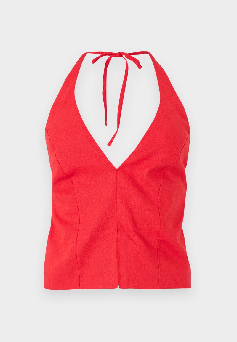 Rotes Haltertop mit tiefem V-Ausschnitt, aus strukturiertem Stoff, mit gebundenem Nackenriemen und taillierter Passform mit einer vorderen Naht.
