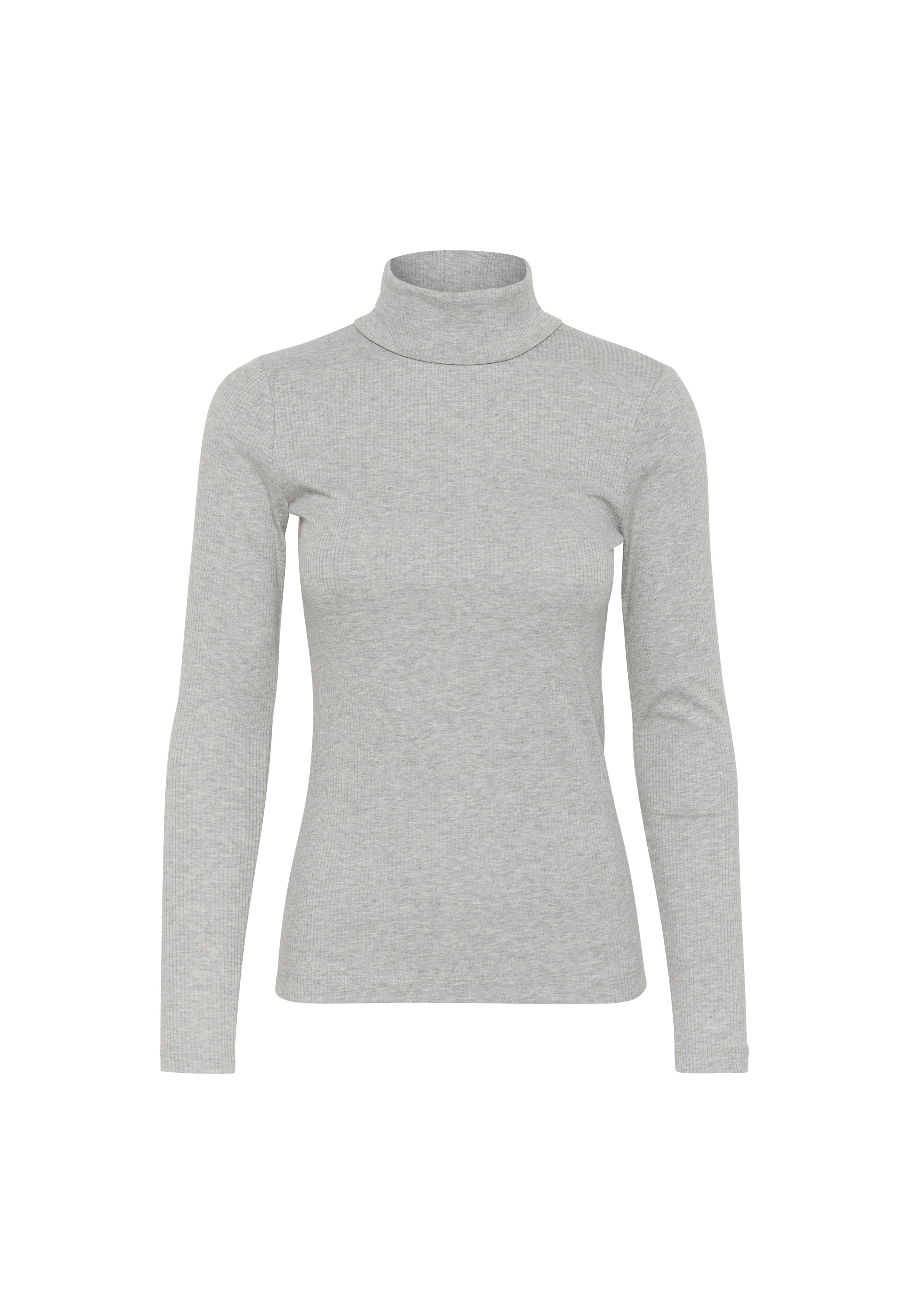 Grauer Rollkragenpullover aus Rippstoff, mit langen Ärmeln und figurbetontem Design, hohem Kragen und minimaler Gestaltung.