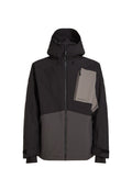 Schwarze und graue Skijacke mit Kapuze, ausgestattet mit einer zippten Brusttasche, verstellbaren Bündchen und einem Farbblockdesign.