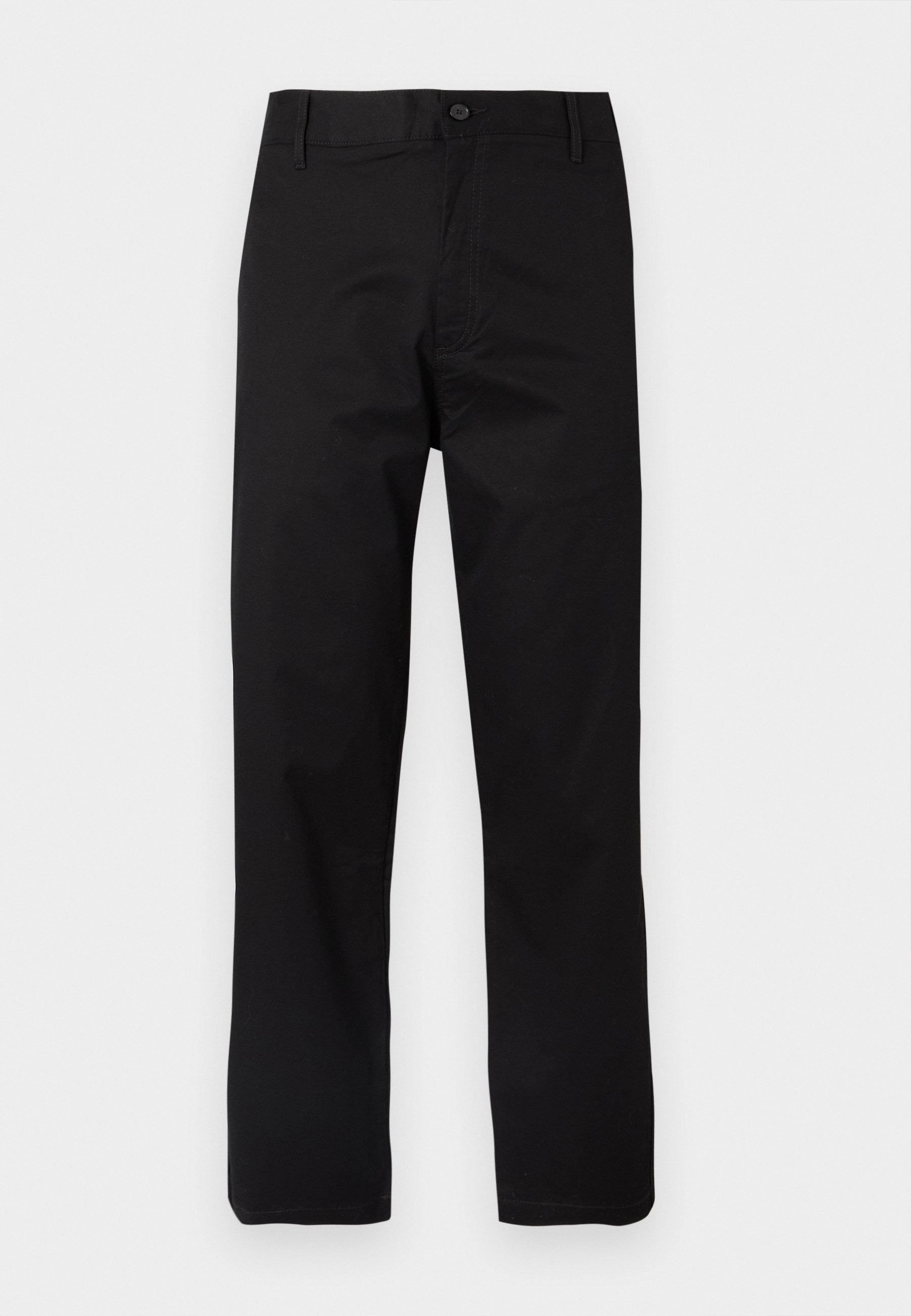 Schwarze Baumwollhose mit geradem Schnitt, Knopfverschluss und Gürtelschlaufen, versehen mit minimalen Ziernähten.