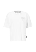 Weißes Baumwoll-T-Shirt mit Rundhalsausschnitt, kurzen Ärmeln und einem grauen Druckdesign mit "BERLIN" und einem Logo auf der Vorderseite.