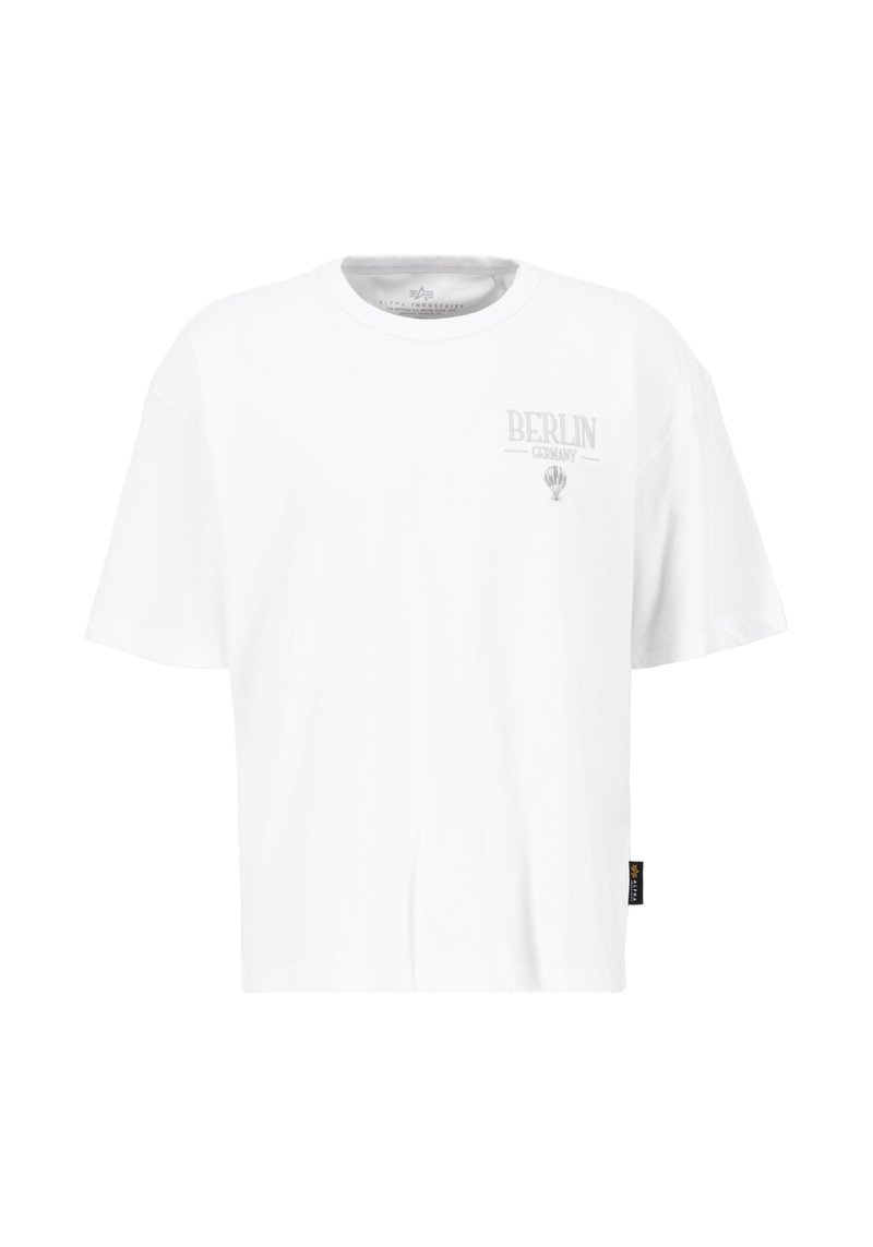 Weißes Baumwoll-T-Shirt mit Rundhalsausschnitt, kurzen Ärmeln und einem grauen Druckdesign mit "BERLIN" und einem Logo auf der Vorderseite.