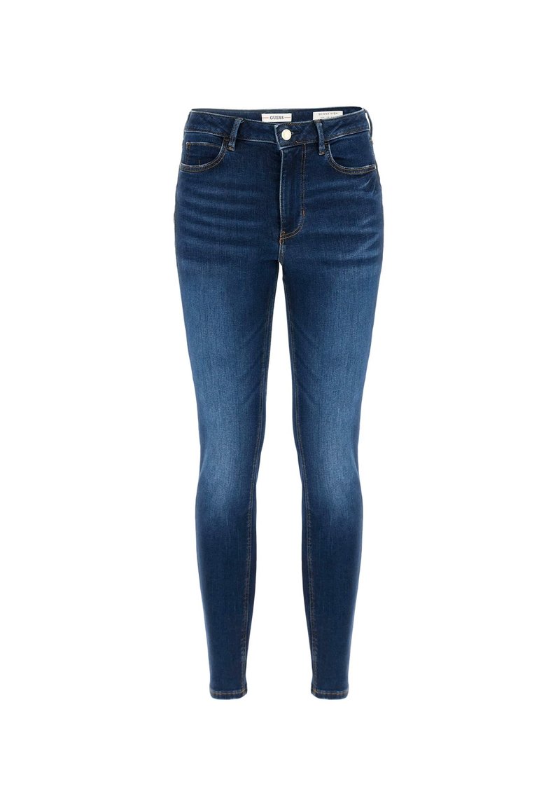 Eng skinny Jeans aus dunkelblauem Denim mit hohem Bund, fünf Taschen und kupferfarbenen Nähten; ausgestattet mit einem zentralen Knopf und Reißverschluss vorne.