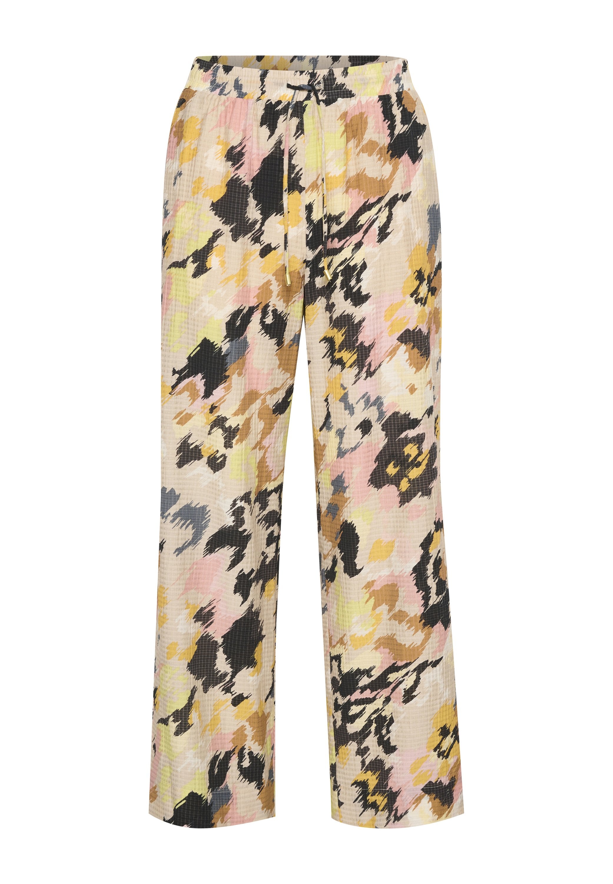 Leichte, gemusterte Hosen in Beige mit abstrakten Blumenmotiven in Pink, Gelb und Schwarz; mit lockerer Passform und elastischem Bund.