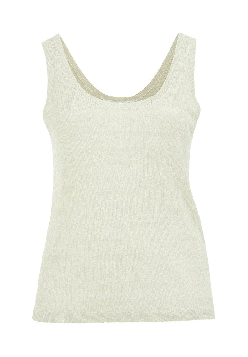 Helles salbeigrünes, geripptes Tanktop mit Rundhalsausschnitt und breiten Trägern, hergestellt aus einem strukturierten Strickstoff, der eine figurbetonte Silhouette bietet.