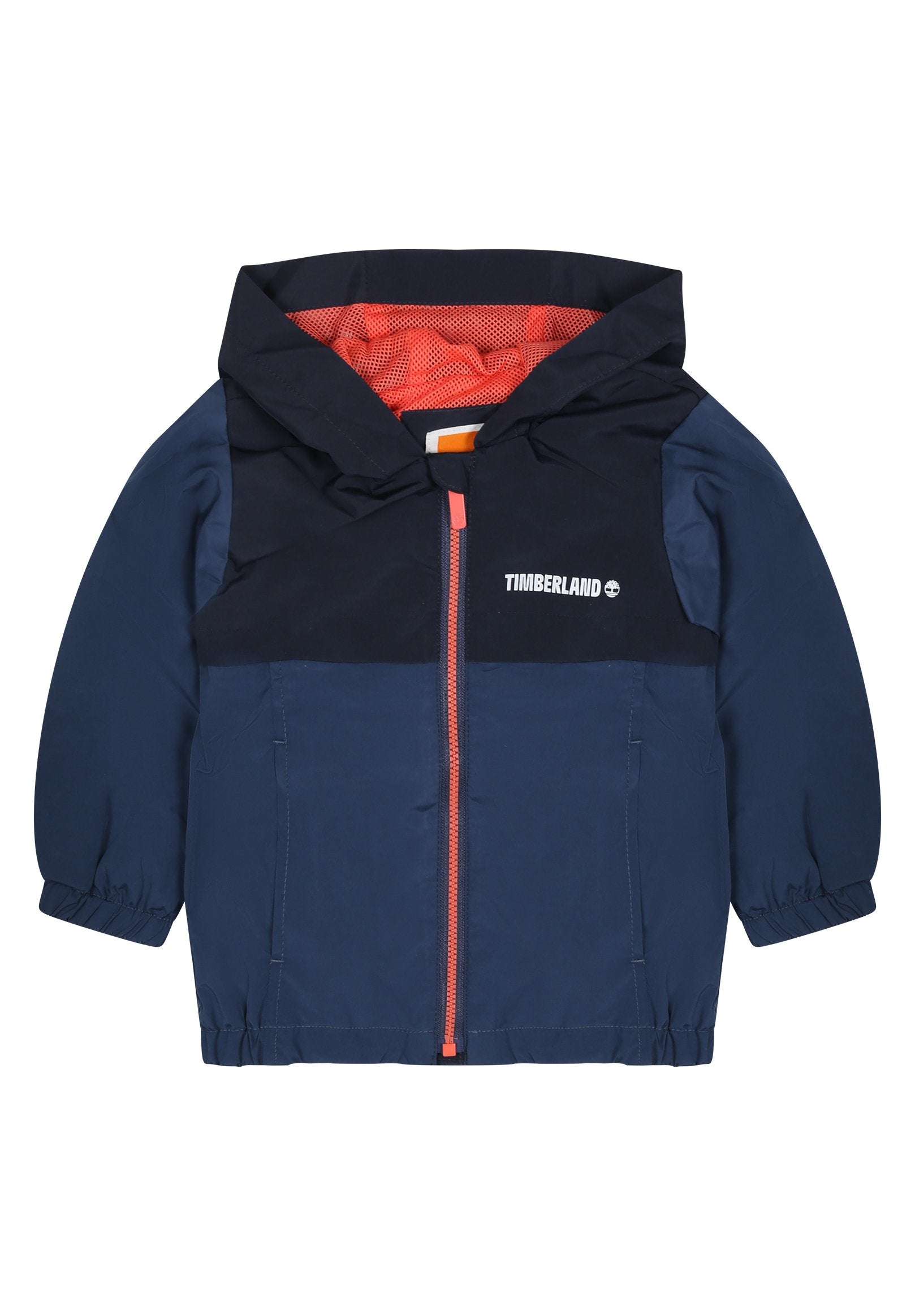 Marineblaue Kinderjacke mit Kapuze, orangefarbener Futter und Frontreißverschluss. Verfügt über elastische Bündchen und das Timberland-Logo auf der Brust.