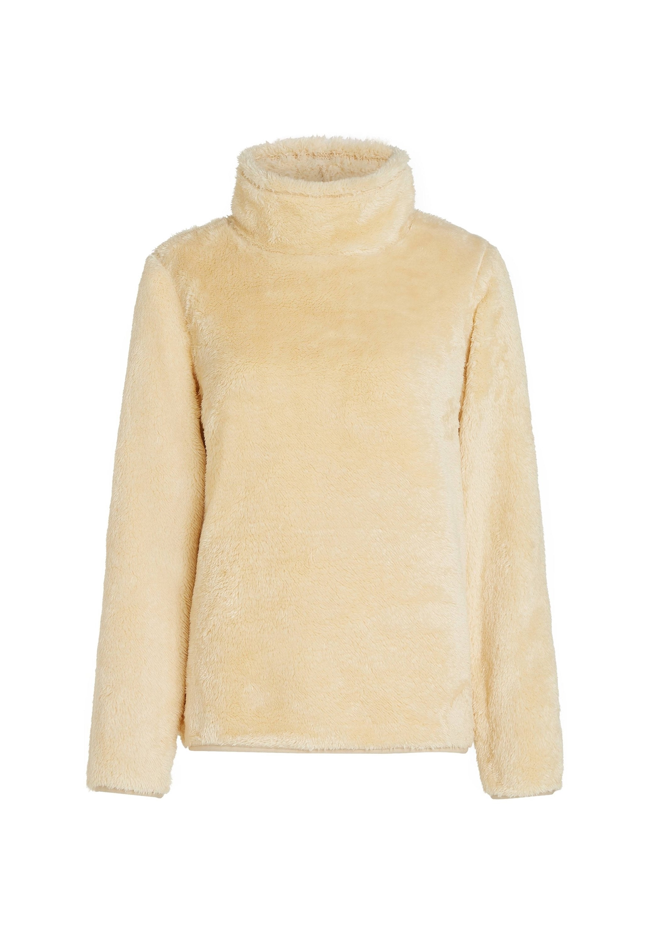 Fleece-Rollkragenpullover in hellgelb. Weiche, plüschige Textur mit langen Ärmeln und hohem Kragen, entspannte Passform. Keine Verschlüsse.
