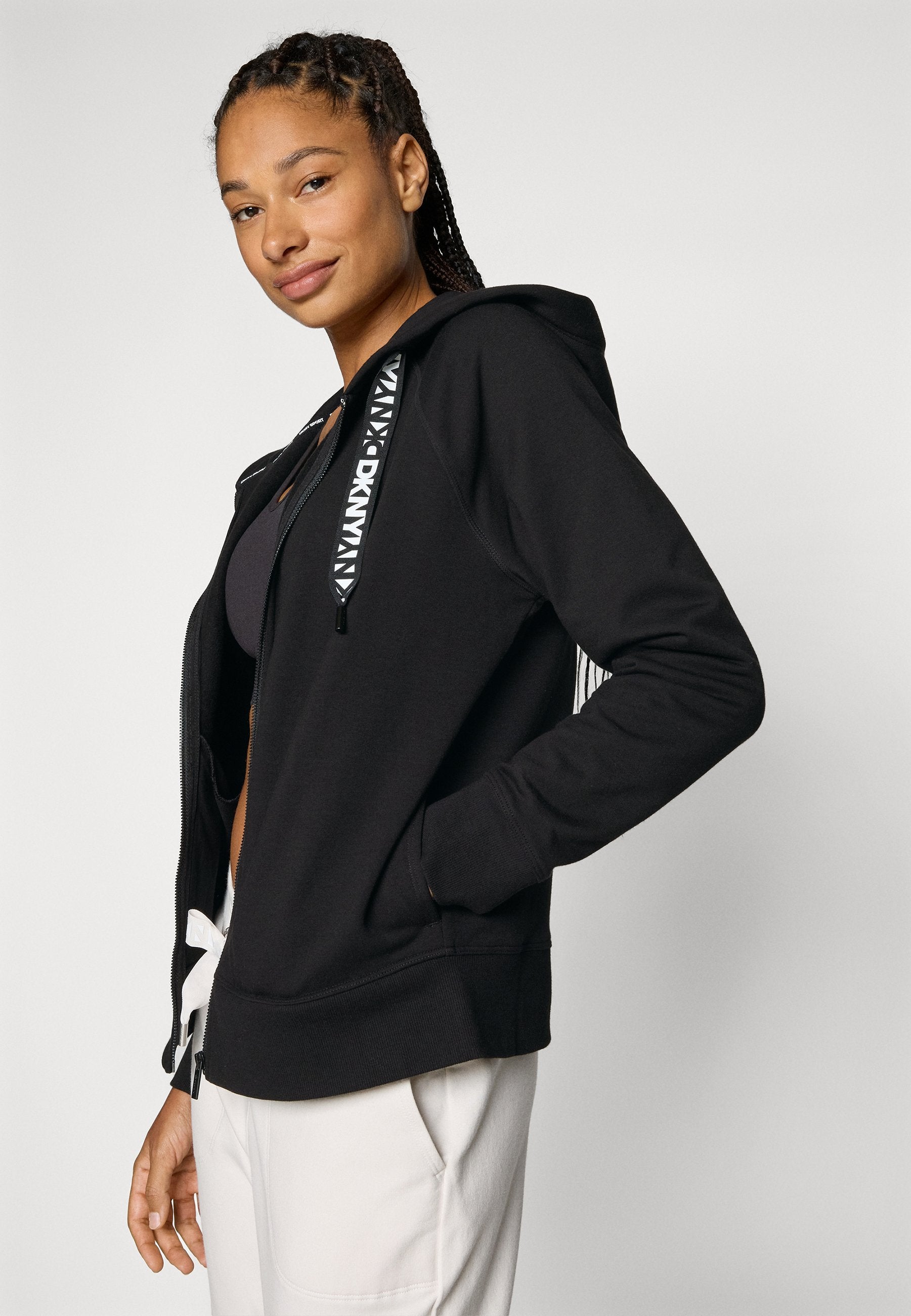 DKNY TWO TONE LOGO DRAWCORD ZIP HOODIE