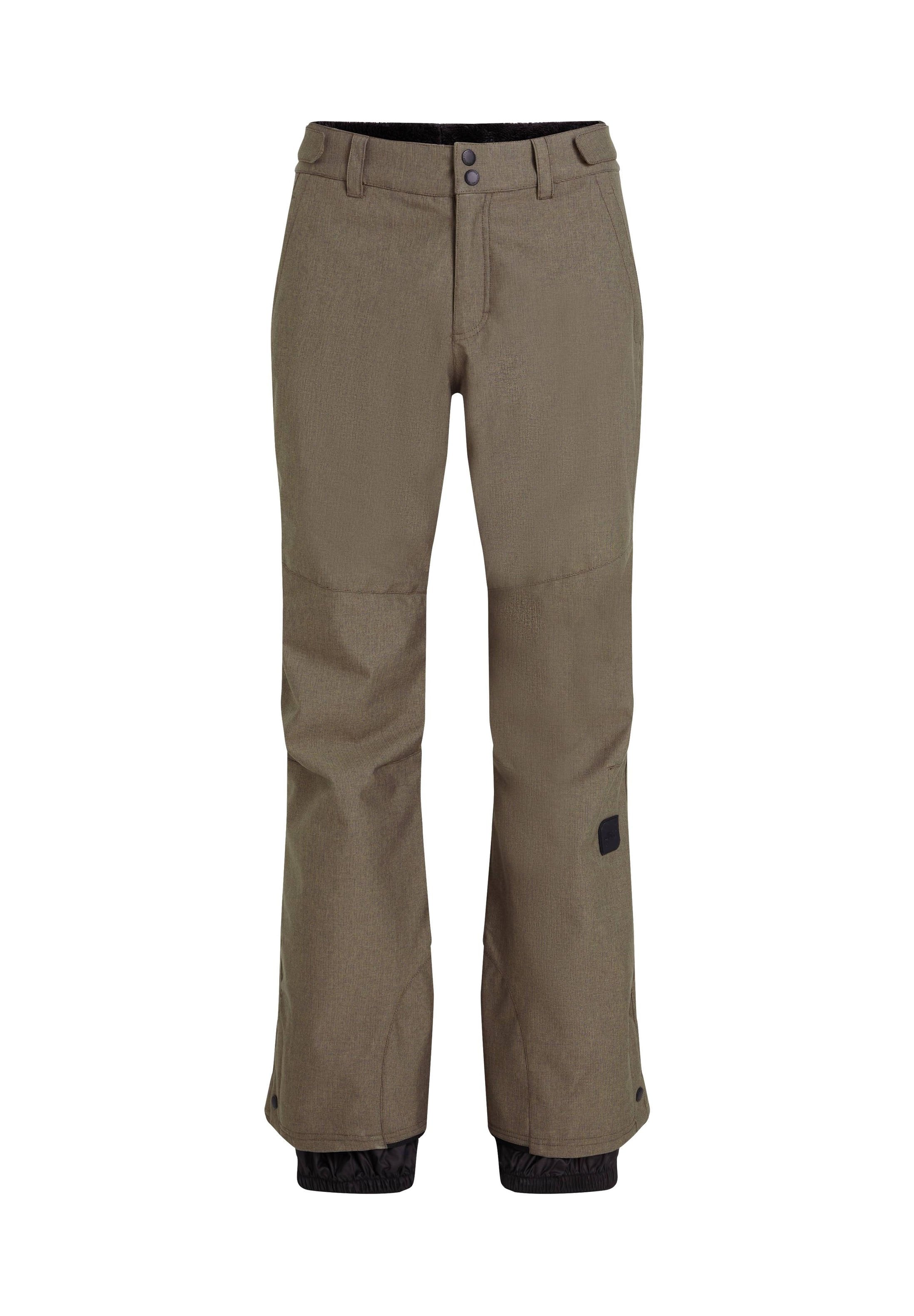 Khaki-Skipants mit strukturiertem Stoff, zwei vorderen Knöpfen und schwarzen elastischen Bündchen. Verfügt über ein seitliches Detail für zusätzlichen Flair.