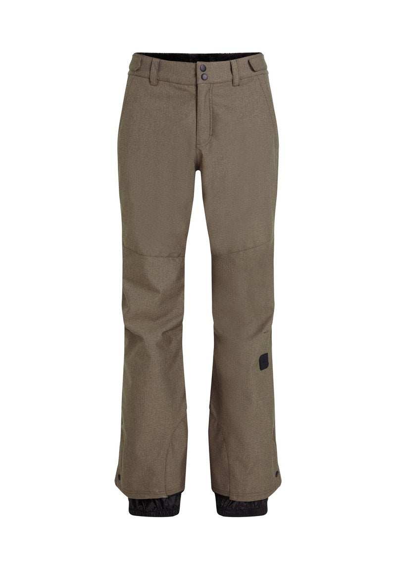 Khaki-Skipants mit strukturiertem Stoff, zwei vorderen Knöpfen und schwarzen elastischen Bündchen. Verfügt über ein seitliches Detail für zusätzlichen Flair.