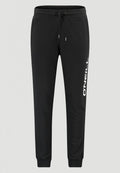 Schwarze Sweatpants aus weichem Stoff, mit einem verstellbaren Bund, schmal zulaufenden Beinen und einem weißen Logo, das an der Seite aufgedruckt ist.